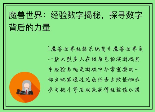 魔兽世界：经验数字揭秘，探寻数字背后的力量